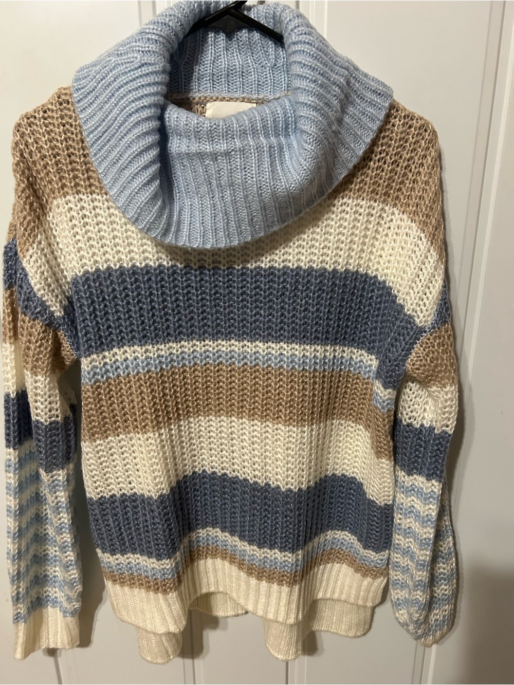Ultra Flirt Light Blue Ribbed Turtleneck Sweater with Cream Trim